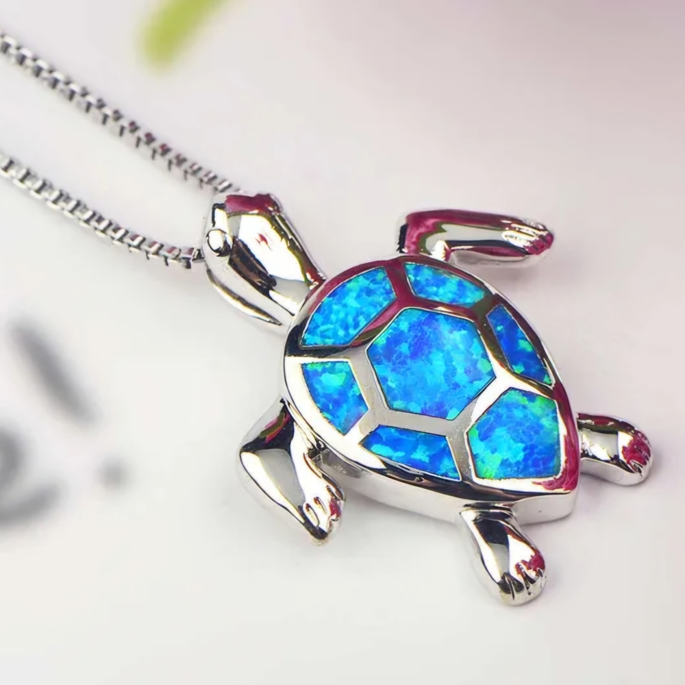Blue Opal Turtle Pendant Necklace 925 Silver - Picture 13 of 16